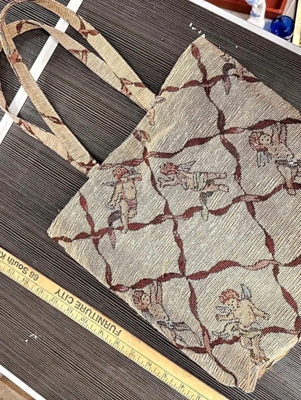 Vintage Cherub Tapestry Tote Bag in Beige & Brown